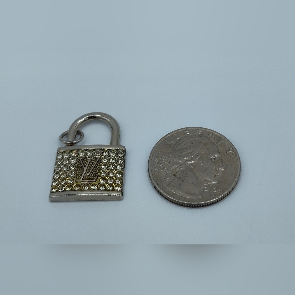 LOUIS VUITTON Vintage Padlock Charm Silver Tone Rhinestone LV Lock Keychain